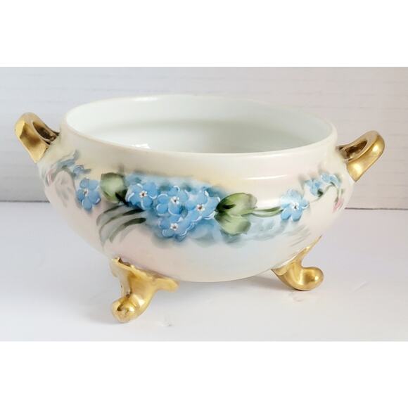 Antique GDA Limoges Hand Painted 3 Footed Bowl Blue Floral Gold Gilt Porcelain - Picture 3 of 11